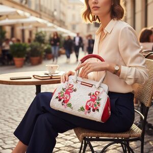 DESIGNER ANNA RACHELE WHITE/RED LEATHER LACE FLORAL DETAIL DOUBLE HANDLED BAG